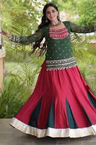 women navratri rayon lehenga choli with bandhani jacket - free size