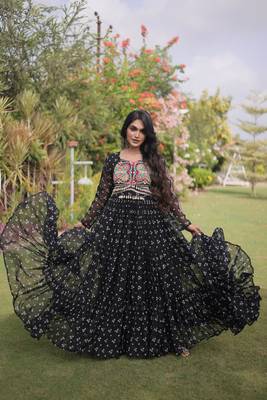 Black faux georgette bandhni print with kutchi patche work navratri gown 1