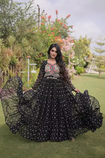 Black faux georgette bandhni print with kutchi patche work navratri gown