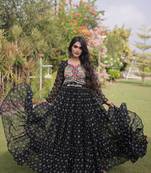 Black faux georgette bandhni print with kutchi patche work navratri gown
