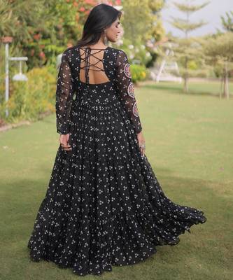 Black faux georgette bandhni print with kutchi patche work navratri gown 2