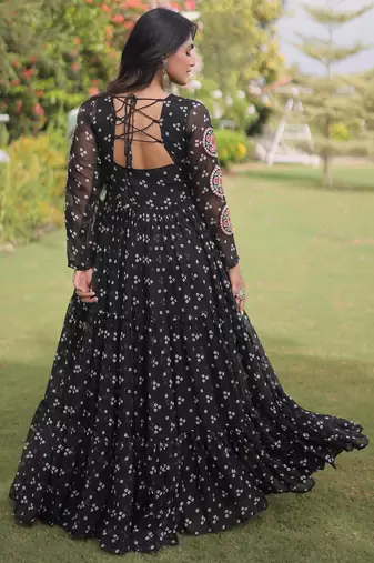 Black faux georgette bandhni print with kutchi patche work navratri gown