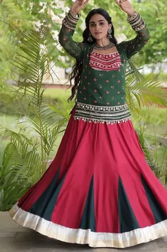 women navratri rayon lehenga choli with bandhani jacket - free size