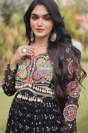 Black faux georgette bandhni print with kutchi patche work navratri gown