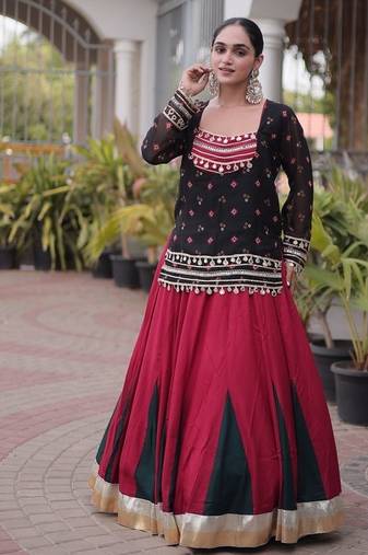 women navratri rayon lehenga choli with bandhani jacket - free size