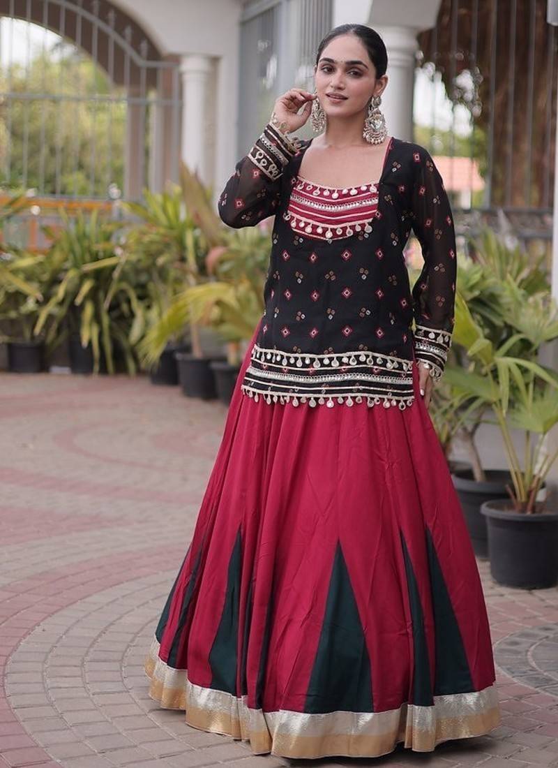 women navratri rayon lehenga choli with bandhani jacket - free size