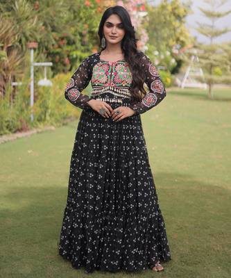 Black faux georgette bandhni print with kutchi patche work navratri gown 4