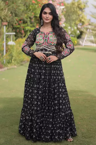 Black faux georgette bandhni print with kutchi patche work navratri gown