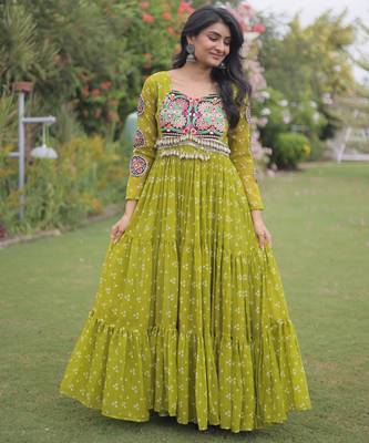 Parrot faux georgette bandhni print with kutchi patche work navratri gown 1
