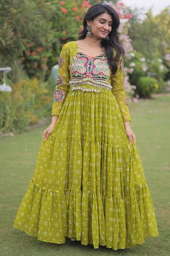 Parrot faux georgette bandhni print with kutchi patche work navratri gown