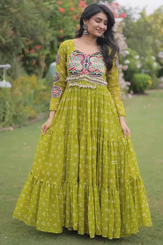 Parrot faux georgette bandhni print with kutchi patche work navratri gown