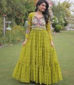 Parrot faux georgette bandhni print with kutchi patche work navratri gown