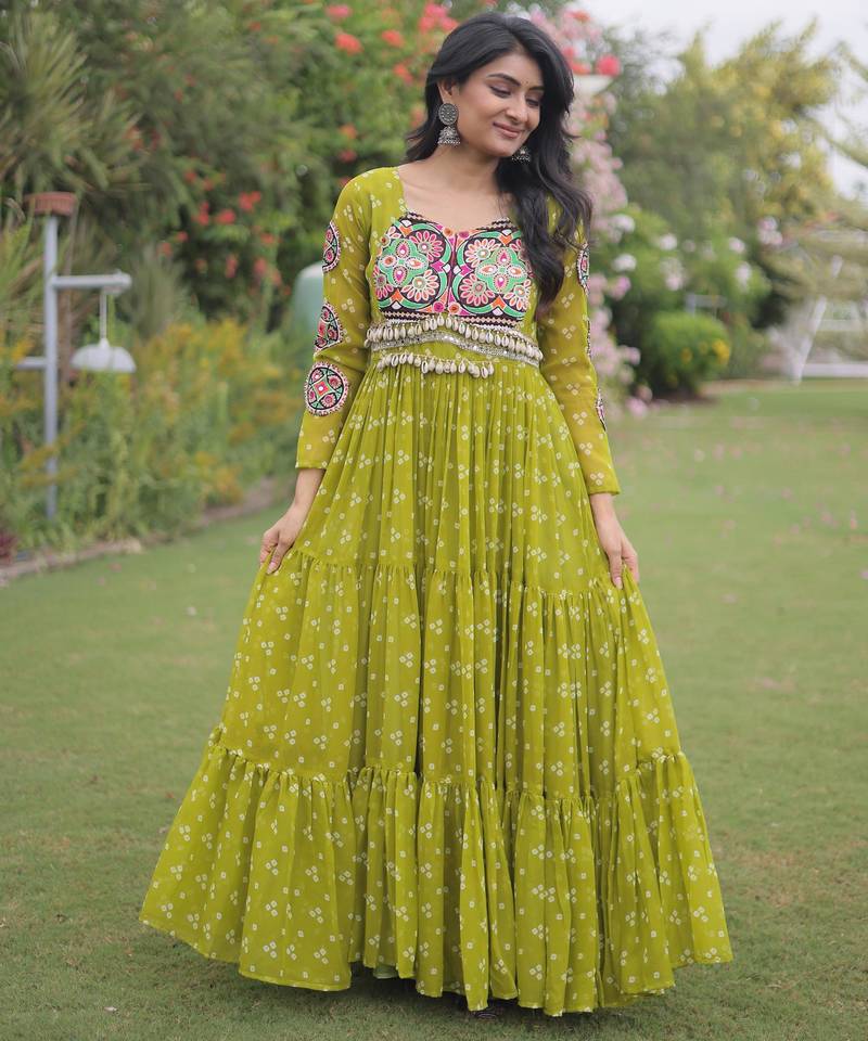 Parrot faux georgette bandhni print with kutchi patche work navratri gown