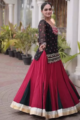 women navratri rayon lehenga choli with bandhani jacket - free size