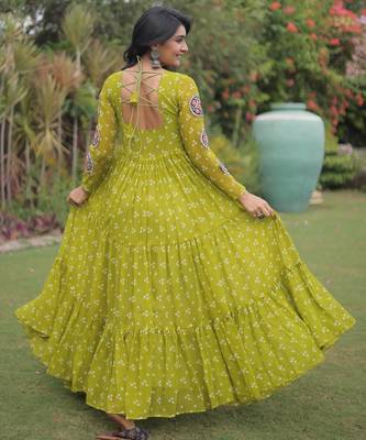 Parrot faux georgette bandhni print with kutchi patche work navratri gown 2