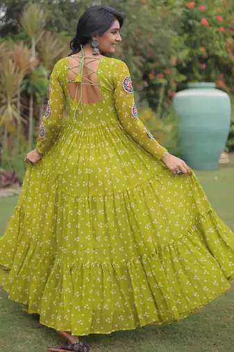 Parrot faux georgette bandhni print with kutchi patche work navratri gown