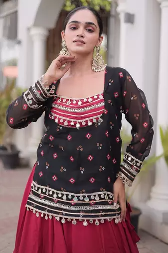 women navratri rayon lehenga choli with bandhani jacket - free size