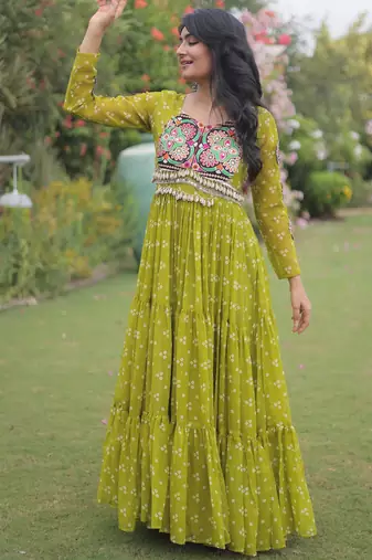 Parrot faux georgette bandhni print with kutchi patche work navratri gown