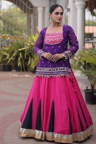 women navratri rayon lehenga choli with bandhani jacket - free size