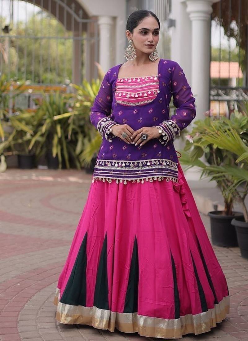 women navratri rayon lehenga choli with bandhani jacket - free size