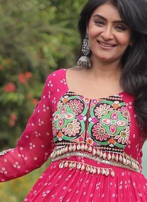 Pink faux georgette bandhni print with kutchi patche work navratri gown 2