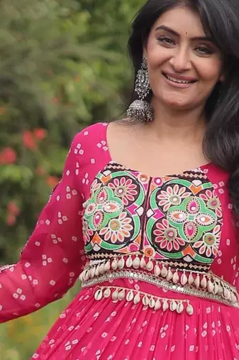 Pink faux georgette bandhni print with kutchi patche work navratri gown