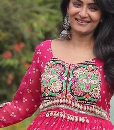 Pink faux georgette bandhni print with kutchi patche work navratri gown
