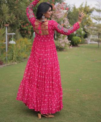 Pink faux georgette bandhni print with kutchi patche work navratri gown 3