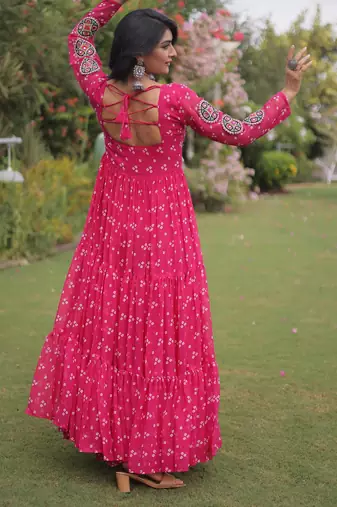 Pink faux georgette bandhni print with kutchi patche work navratri gown