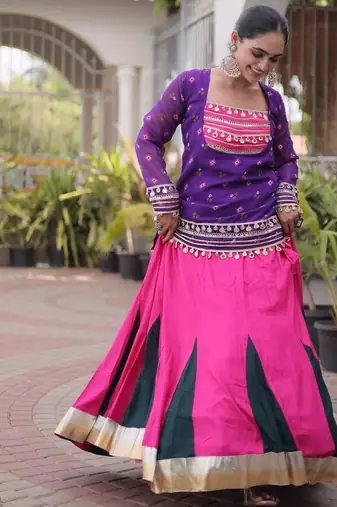 women navratri rayon lehenga choli with bandhani jacket - free size