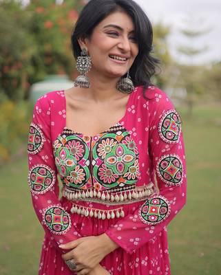 Pink faux georgette bandhni print with kutchi patche work navratri gown 4