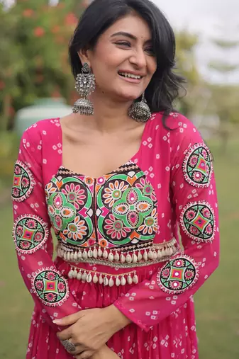 Pink faux georgette bandhni print with kutchi patche work navratri gown