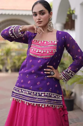 women navratri rayon lehenga choli with bandhani jacket - free size