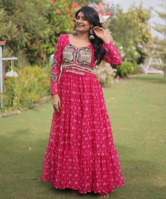 Pink faux georgette bandhni print with kutchi patche work navratri gown 1