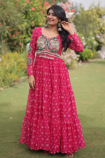 Pink faux georgette bandhni print with kutchi patche work navratri gown