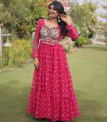 Pink faux georgette bandhni print with kutchi patche work navratri gown