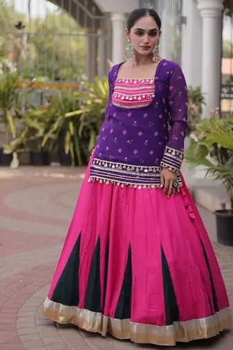 women navratri rayon lehenga choli with bandhani jacket - free size