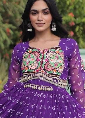 Purple faux georgette bandhni print with kutchi patche work navratri gown 2