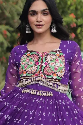 Purple faux georgette bandhni print with kutchi patche work navratri gown