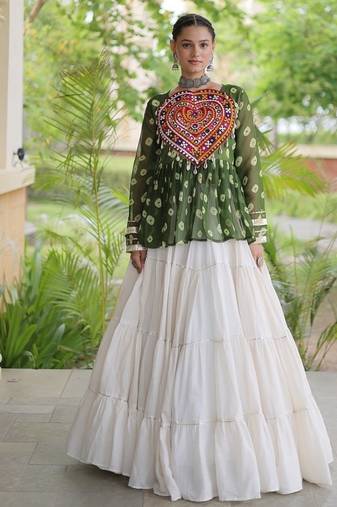 women navratri bandhani lehenga choli - cotton flair with kutchi gamthi patchwork - free size