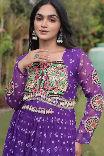 Purple faux georgette bandhni print with kutchi patche work navratri gown