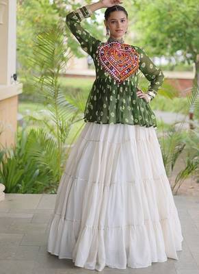 women navratri bandhani lehenga choli - cotton flair with kutchi gamthi patchwork - free size 3