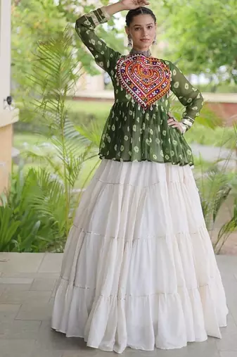 women navratri bandhani lehenga choli - cotton flair with kutchi gamthi patchwork - free size