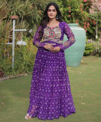 Purple faux georgette bandhni print with kutchi patche work navratri gown 1