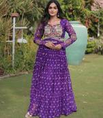 Purple faux georgette bandhni print with kutchi patche work navratri gown
