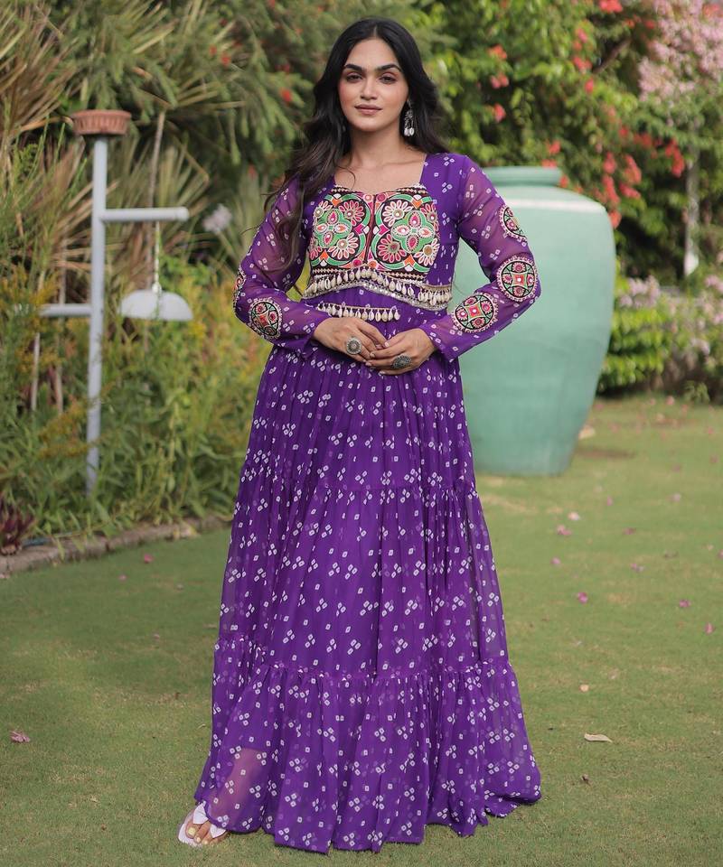 Purple faux georgette bandhni print with kutchi patche work navratri gown
