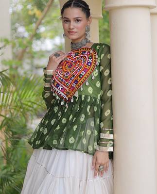 women navratri bandhani lehenga choli - cotton flair with kutchi gamthi patchwork - free size 4