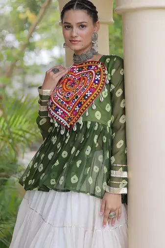women navratri bandhani lehenga choli - cotton flair with kutchi gamthi patchwork - free size