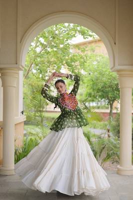 women navratri bandhani lehenga choli - cotton flair with kutchi gamthi patchwork - free size 5