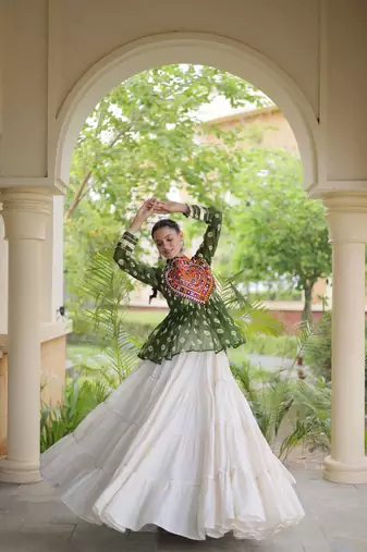 women navratri bandhani lehenga choli - cotton flair with kutchi gamthi patchwork - free size